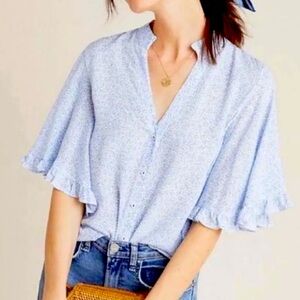 Anthropologie Maeve blue and white button blouse with flutter sleeves size S